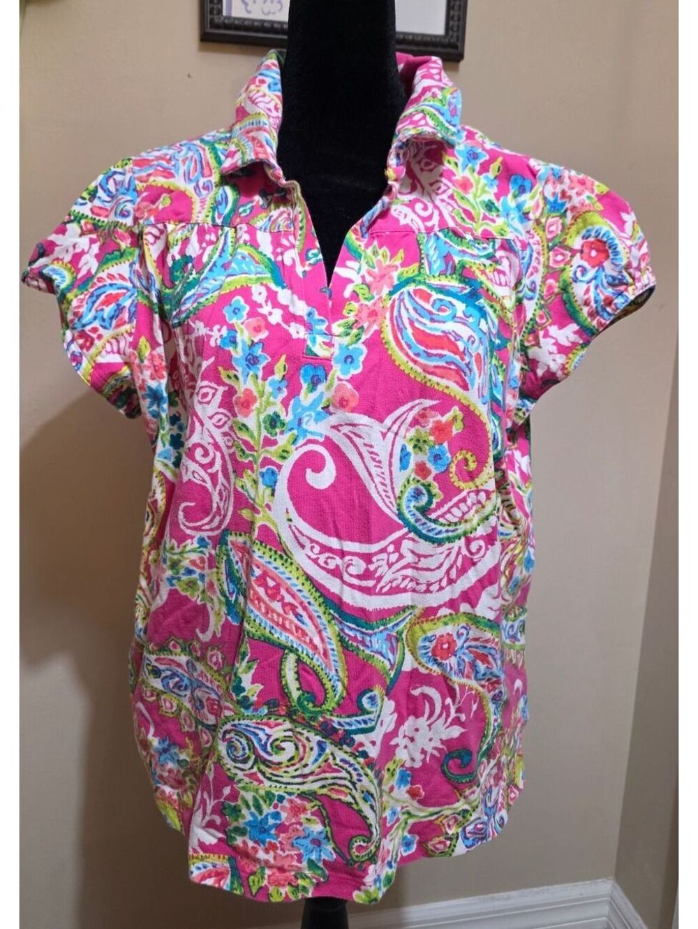 Caribbean Joe Women's XL Pink Floral Paisley Cotton Polo Shirt